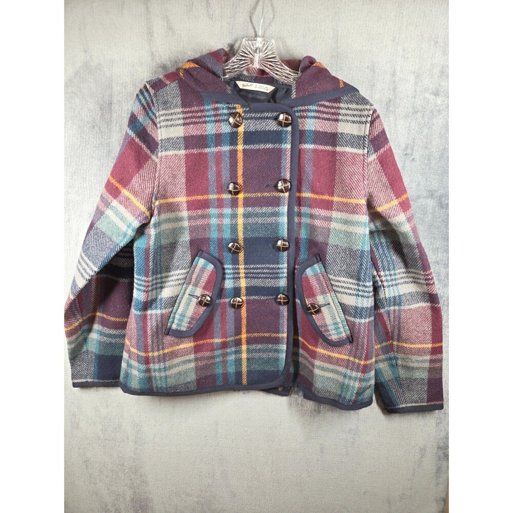 Woolrich Womens Jacket Coat Plaid Hooded Peacoat Size M Pink Green Wool Blend